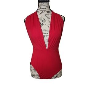 Unbranded Red Plunging V Neck Halter One Piece Swimsuit Open Back No Size